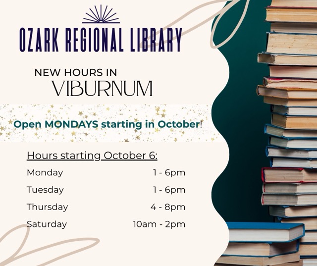 New hours in Viburnum
'Open MONDAYS starting in October!
Hours starting October 6:
Monday
1 - 6pm
Tuesday
1 - 6pm
Thursday
4 - 8pm
Saturday
10am - 2pm