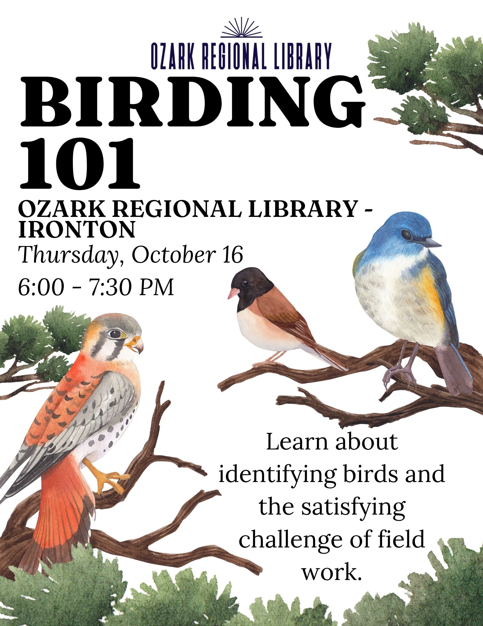 A flyer with text:
LEARN ABOUT IDENTIFYING BIRDS AND THE SATISFYING CHALLENGE OF FIELDWORK (YARD OR WOODS).