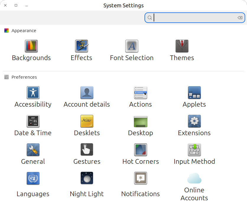 screenshot of linux mint settings application