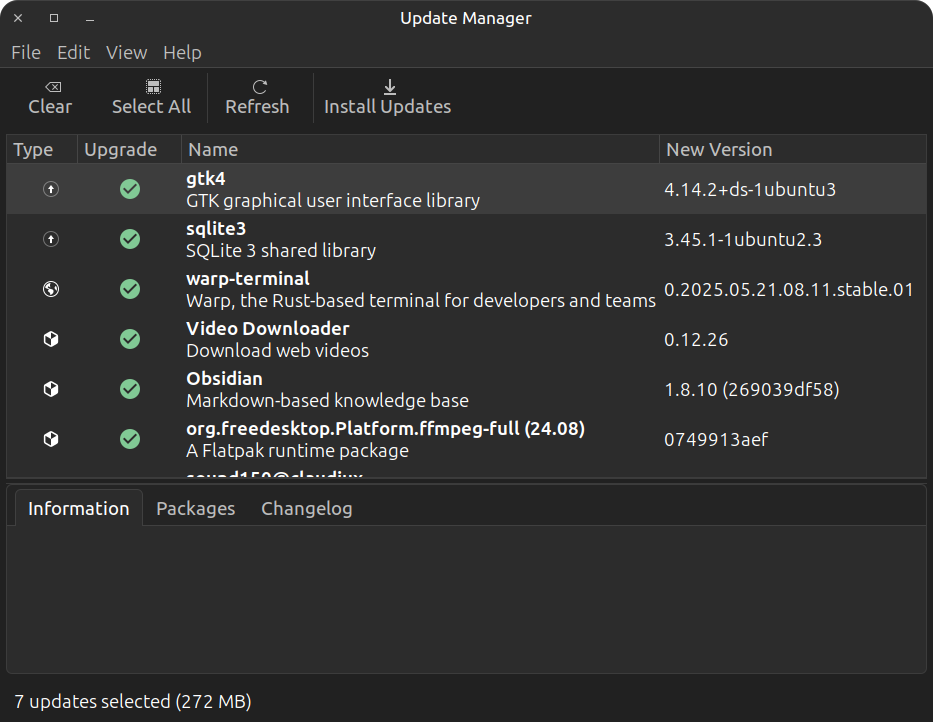 screenshot of the linux mint update manager